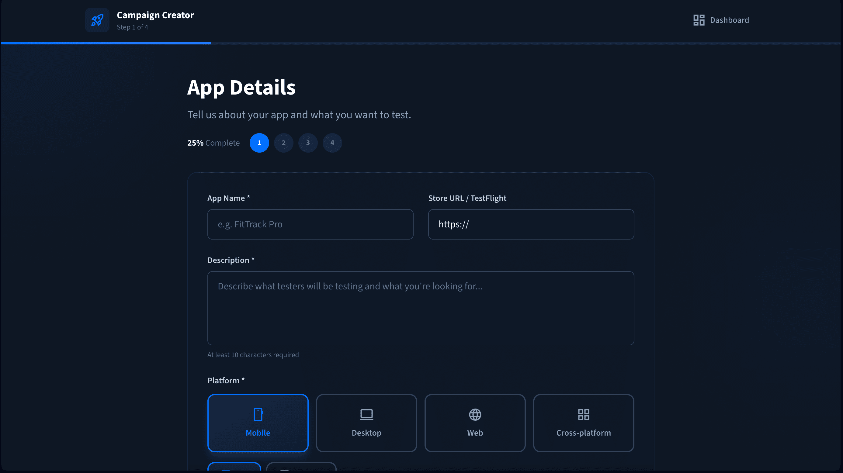 TestFi campaign creation — enter app name, URL, platform, and test type
